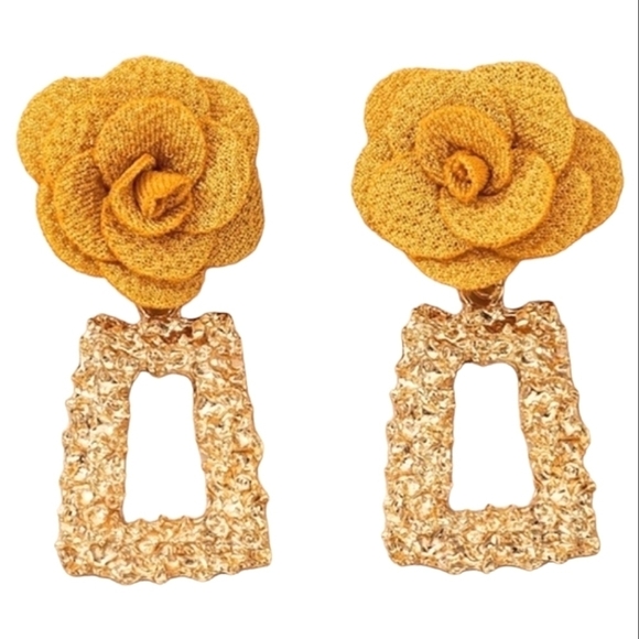 Gold Hoop Statement Earrings Yellow Rose Chunky Boho Dangle Floral 💖2/$30 - Picture 4 of 12